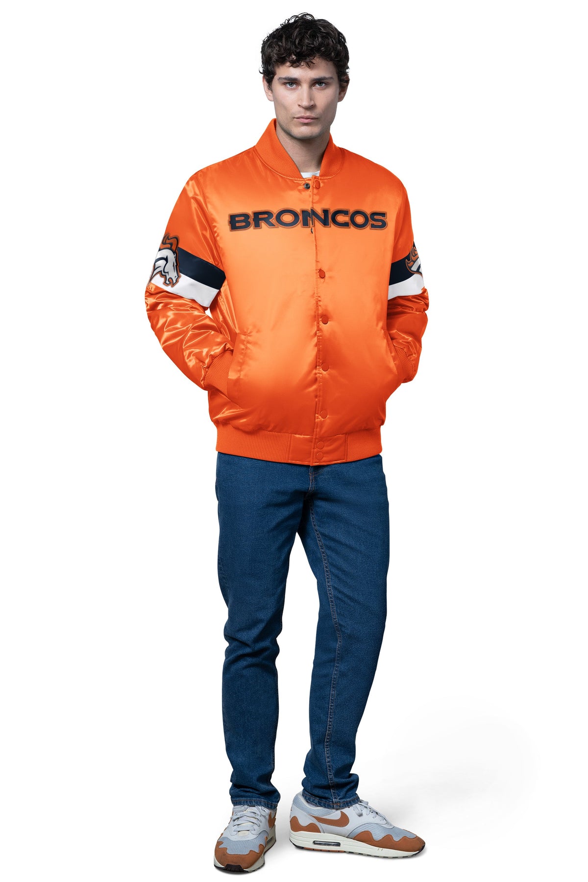 Starter MENS DENVER BRONCOS TRIPLE OPTION SATIN VARSITY JACKET