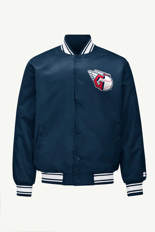 Starter MENS CLEVELAND GUARDIANS PRINTED HOMEPLATE SATIN VARSITY JACKET