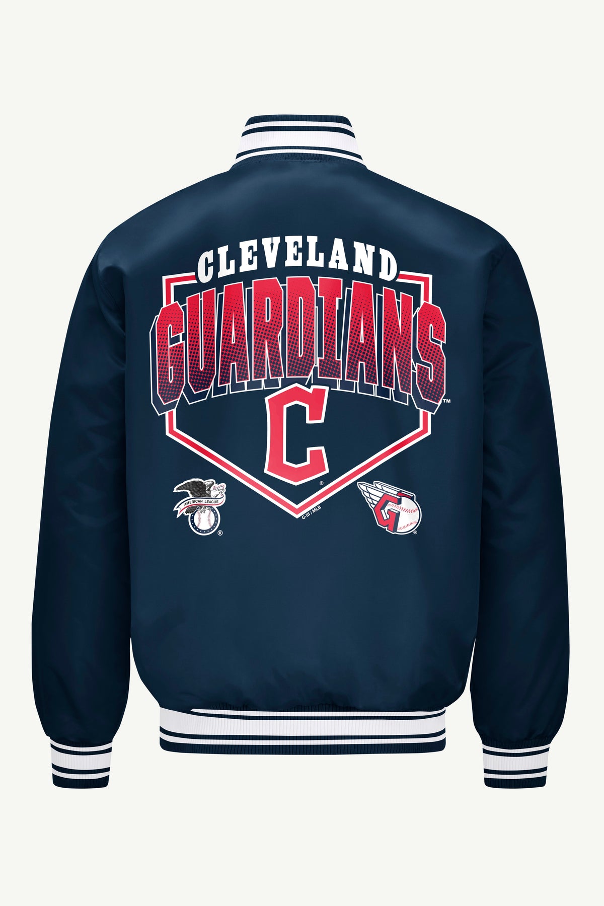 Starter MENS CLEVELAND GUARDIANS PRINTED HOMEPLATE SATIN VARSITY JACKET