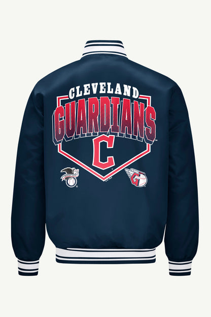 Starter MENS CLEVELAND GUARDIANS PRINTED HOMEPLATE SATIN VARSITY JACKET