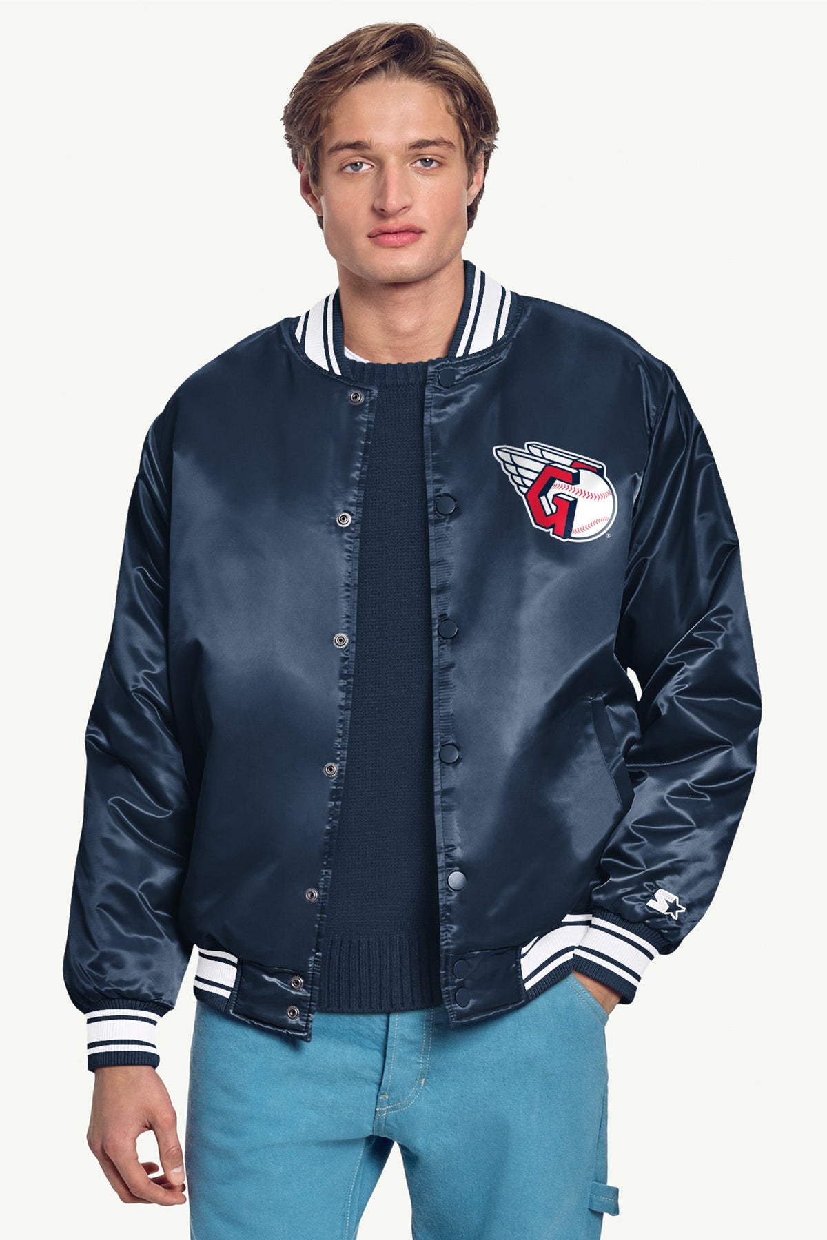 Starter MENS CLEVELAND GUARDIANS PRINTED HOMEPLATE SATIN VARSITY JACKET