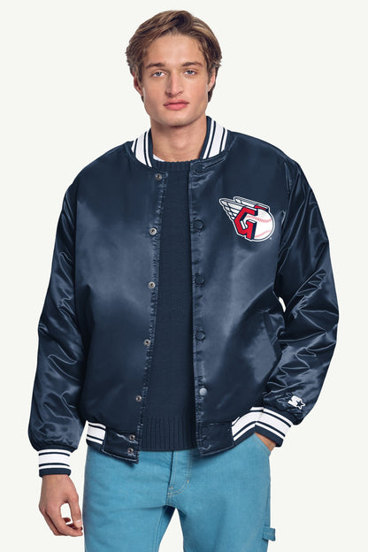 Starter MENS CLEVELAND GUARDIANS PRINTED HOMEPLATE SATIN VARSITY JACKET