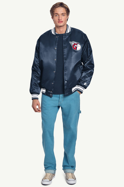 Starter MENS CLEVELAND GUARDIANS PRINTED HOMEPLATE SATIN VARSITY JACKET