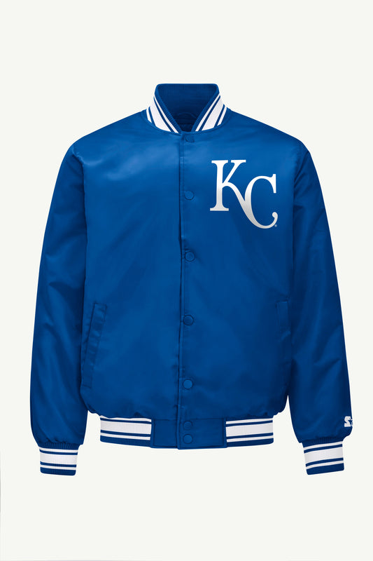 Starter MENS KANSAS CITY ROYALS HOMEPLATE PRINTED GRAPHIC SATIN VARSITY JACKET