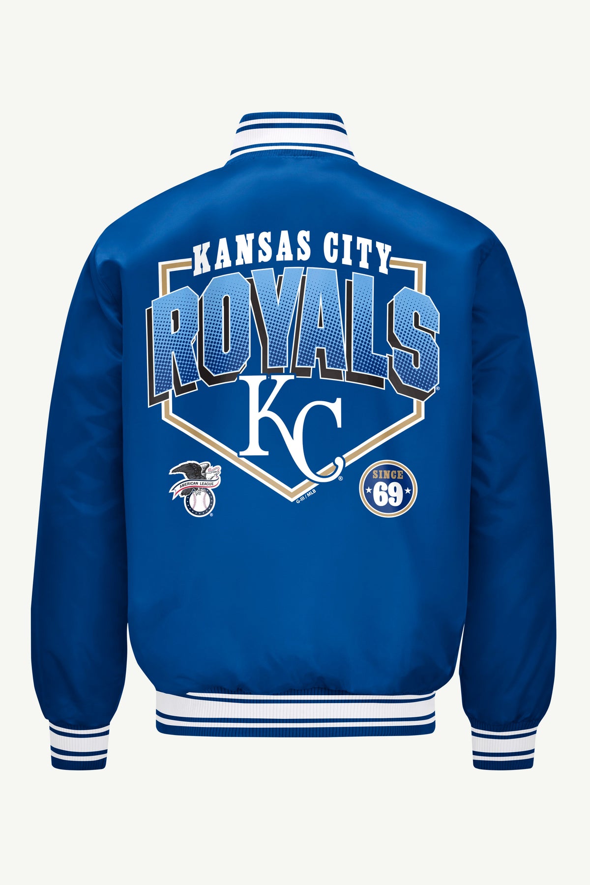 Starter MENS KANSAS CITY ROYALS HOMEPLATE PRINTED GRAPHIC SATIN VARSITY JACKET