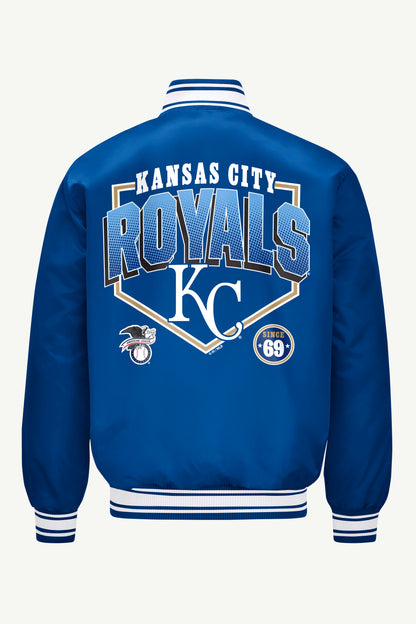 Starter MENS KANSAS CITY ROYALS HOMEPLATE PRINTED GRAPHIC SATIN VARSITY JACKET