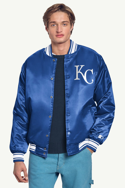 Starter MENS KANSAS CITY ROYALS HOMEPLATE PRINTED GRAPHIC SATIN VARSITY JACKET