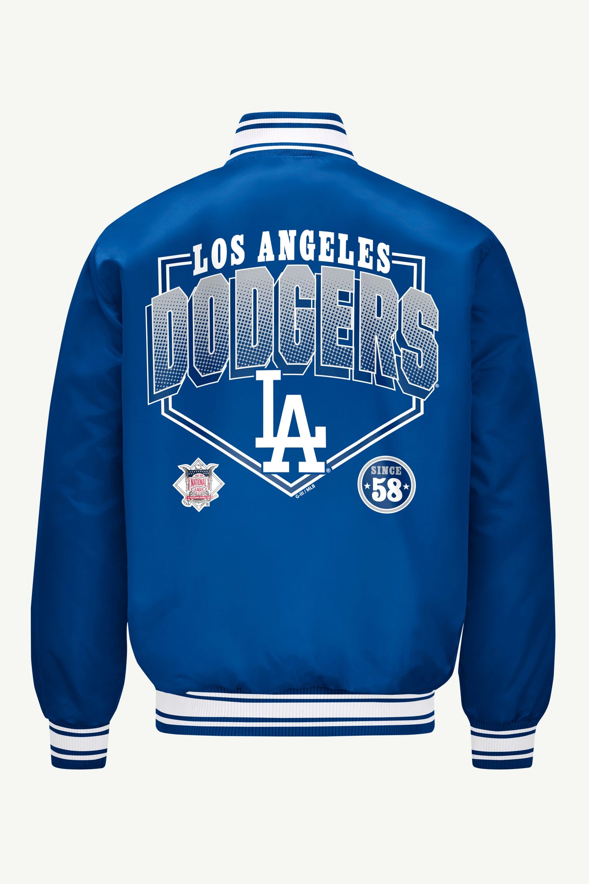 Starter MENS LOS ANGELES DODGERS HOMEPLATE PRINTED GRAPHIC SATIN VARSITY JACKET