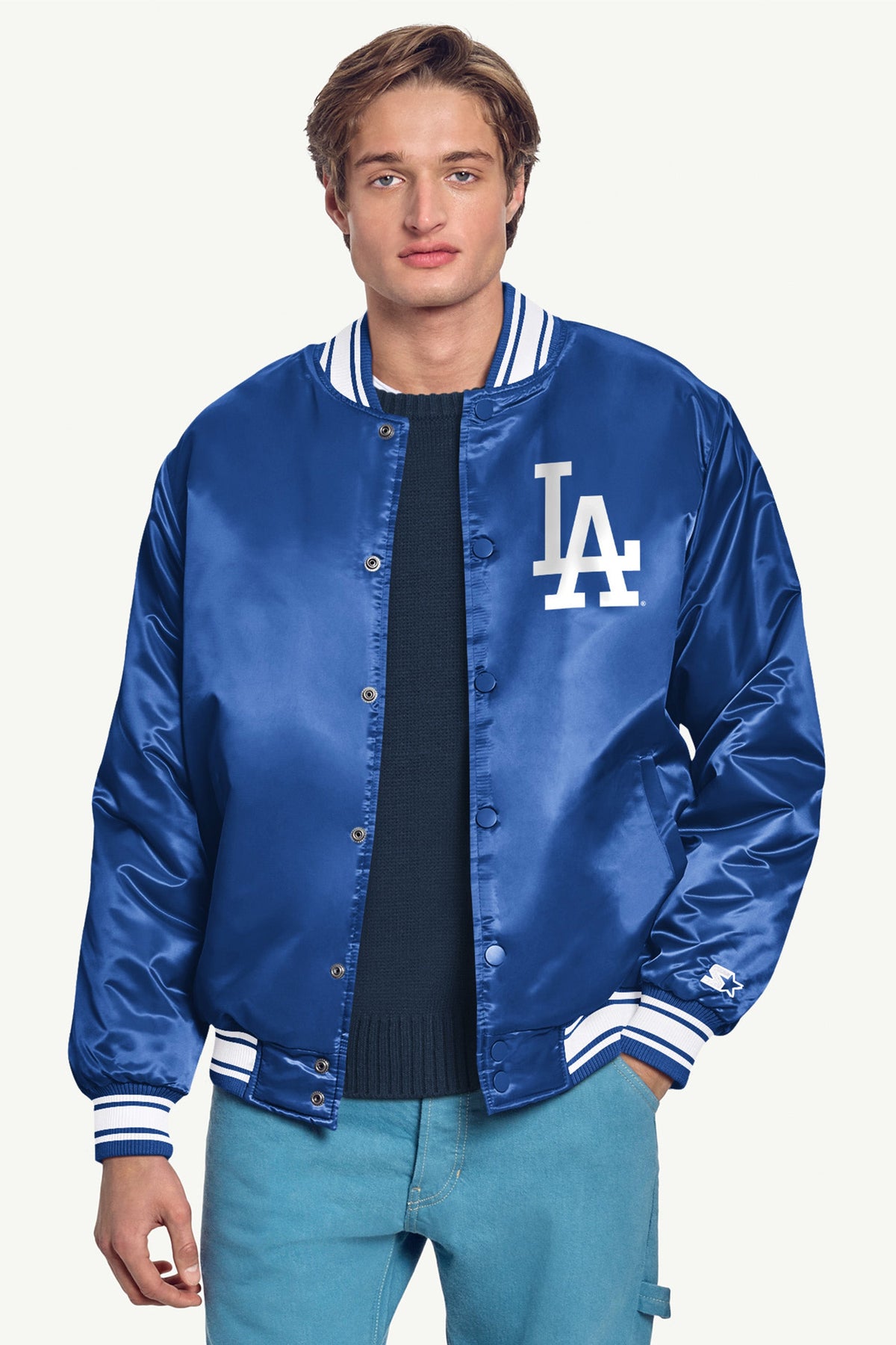Starter MENS LOS ANGELES DODGERS HOMEPLATE PRINTED GRAPHIC SATIN VARSITY JACKET