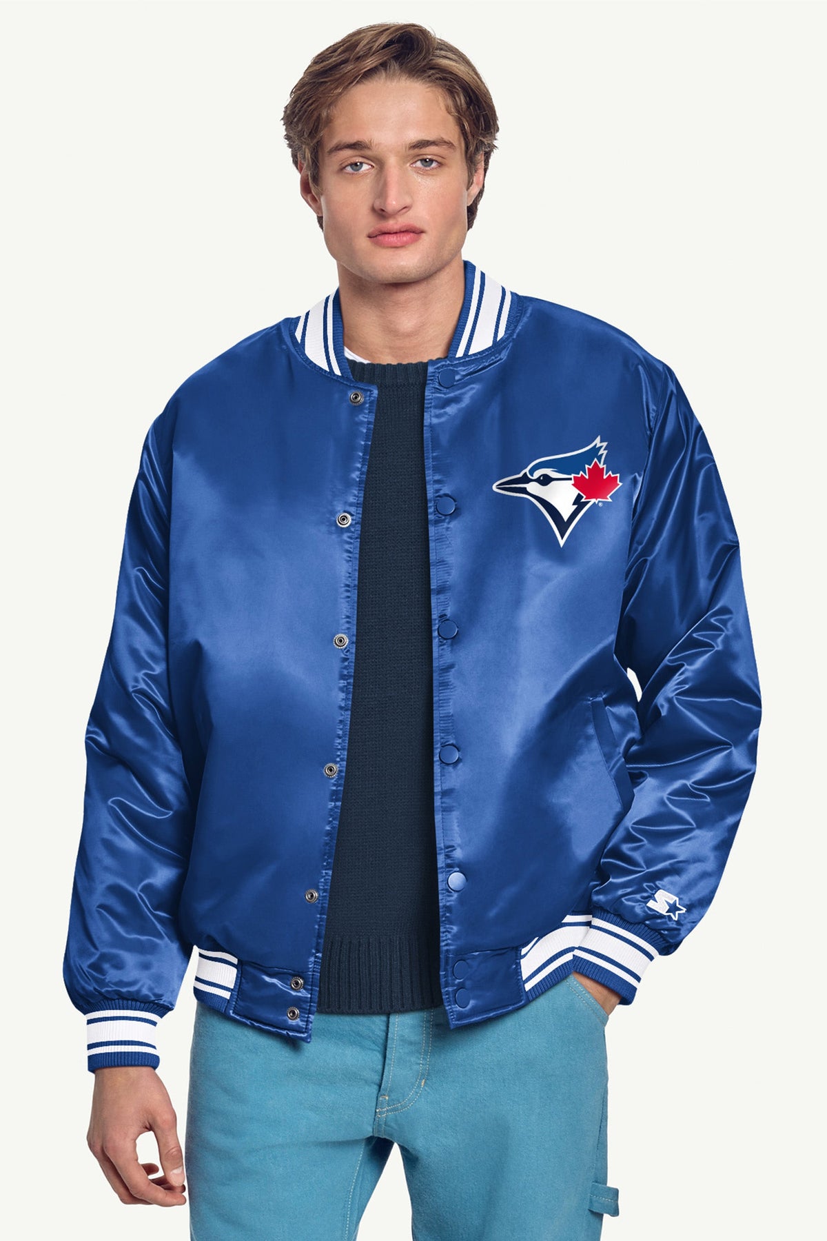 Starter MENS TORONTO BLUE JAYS HOMEPLATE SATIN VARSITY JACKET