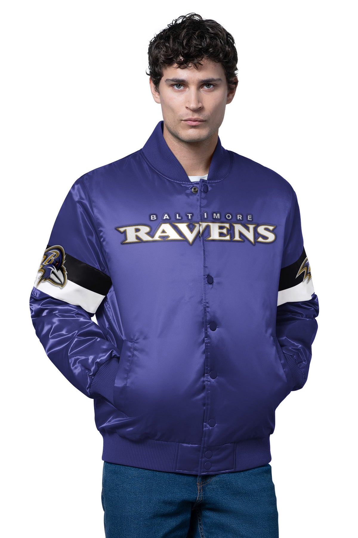 Starter MENS BALTIMORE RAVENS TRIPLE OPTION SATIN VARSITY JACKET