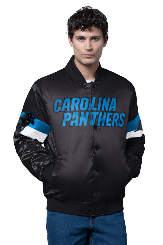Starter MENS CAROLINA PANTHERS TRIPLE OPTION SATIN VARSITY JACKET