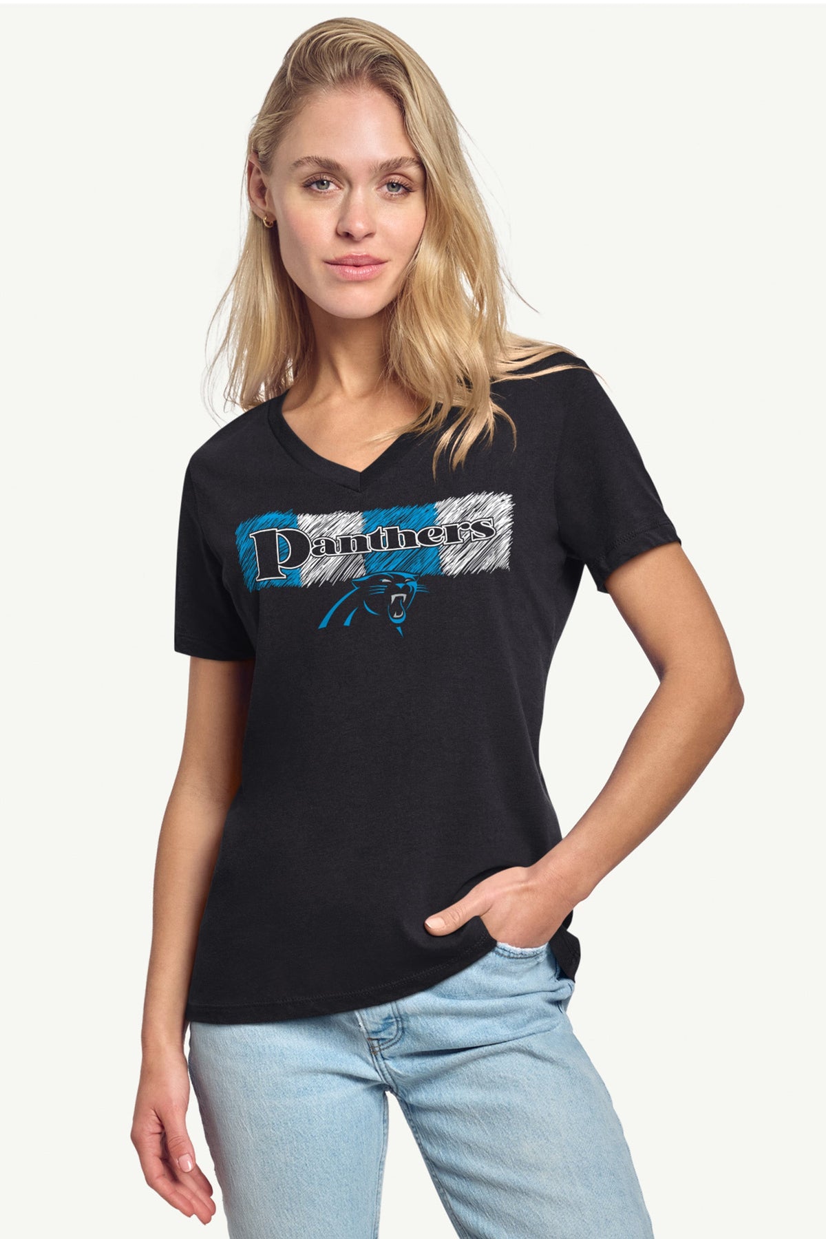 Starter WOMENS CAROLINA PANTHERS COLOR SHADING V-NECK T SHIRT
