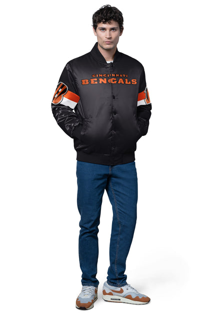 Starter MENS CINCINNATI BENGALS TRIPLE OPTION SATIN VARSITY JACKET
