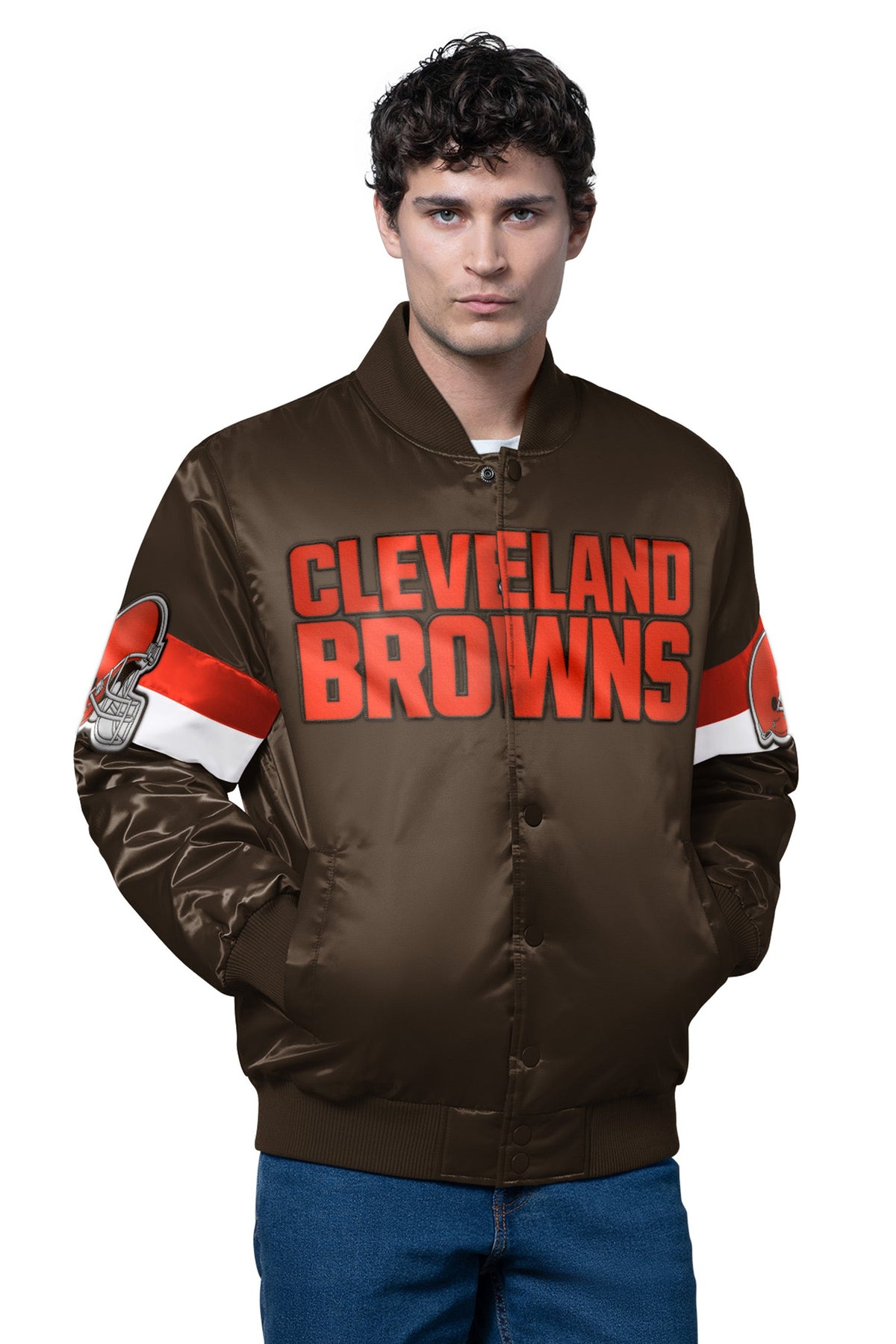 Starter MENS CLEVELAND BROWNS TRIPLE OPTION SATIN VARSITY JACKET