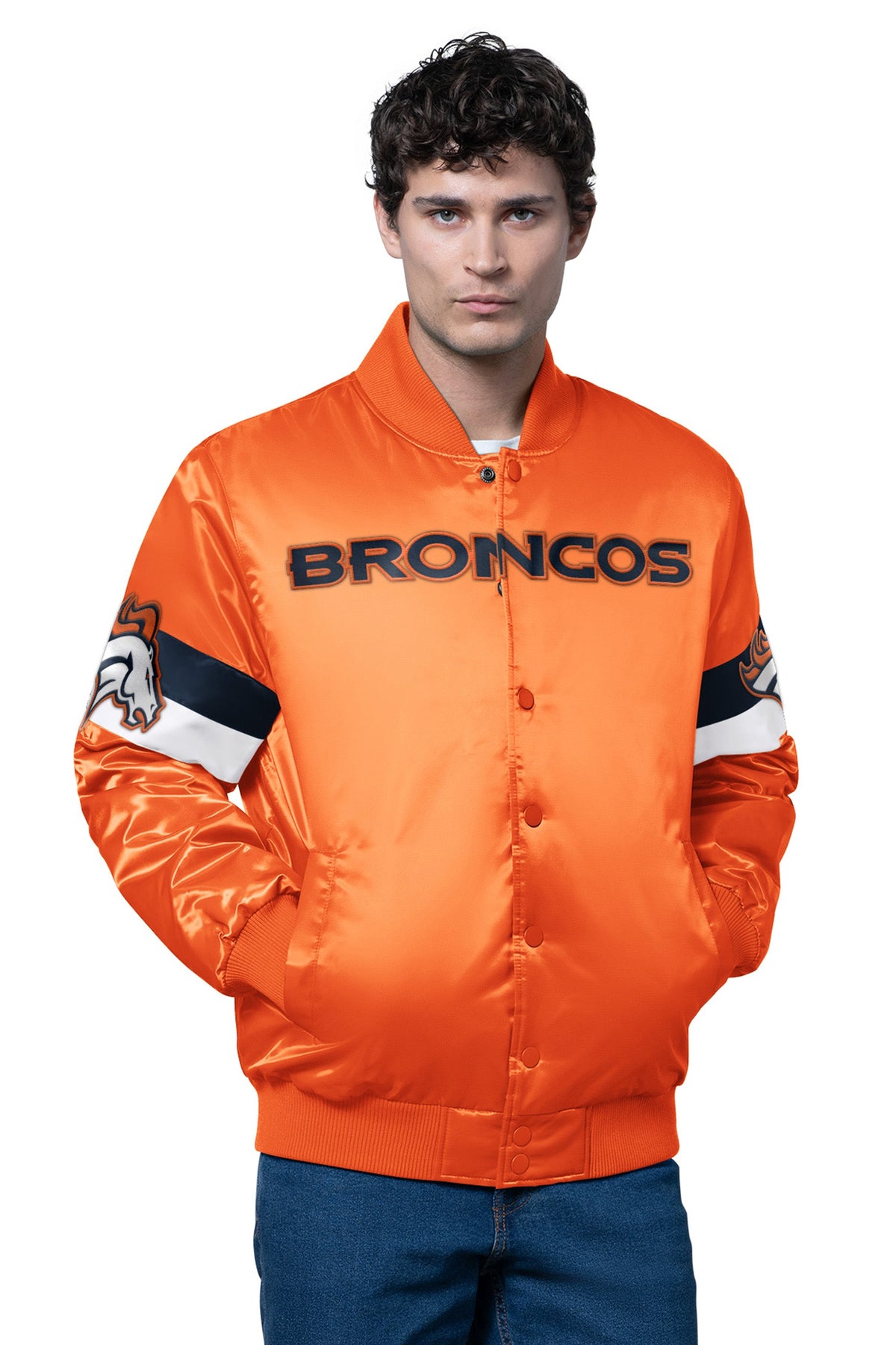 Starter MENS DENVER BRONCOS TRIPLE OPTION SATIN VARSITY JACKET
