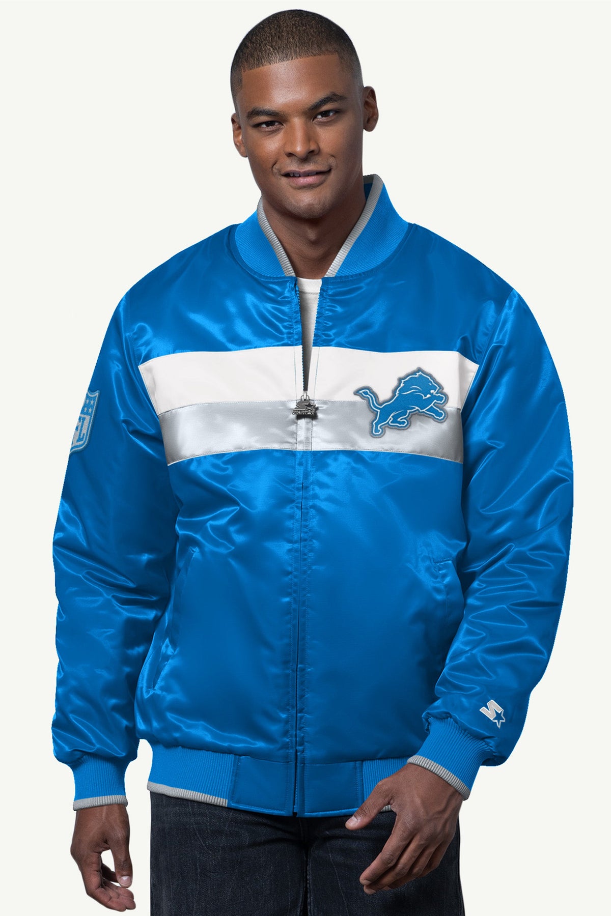 Starter MENS DETROIT LIONS AMBASSADOR SATIN VARSITY JACKET