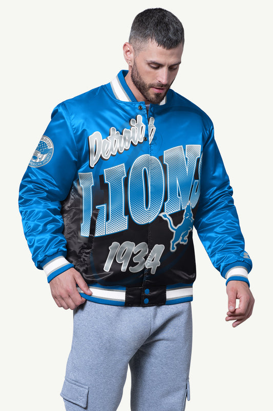 Starter MENS DETROIT LIONS PASS RUSH SATIN VARSITY JACKET