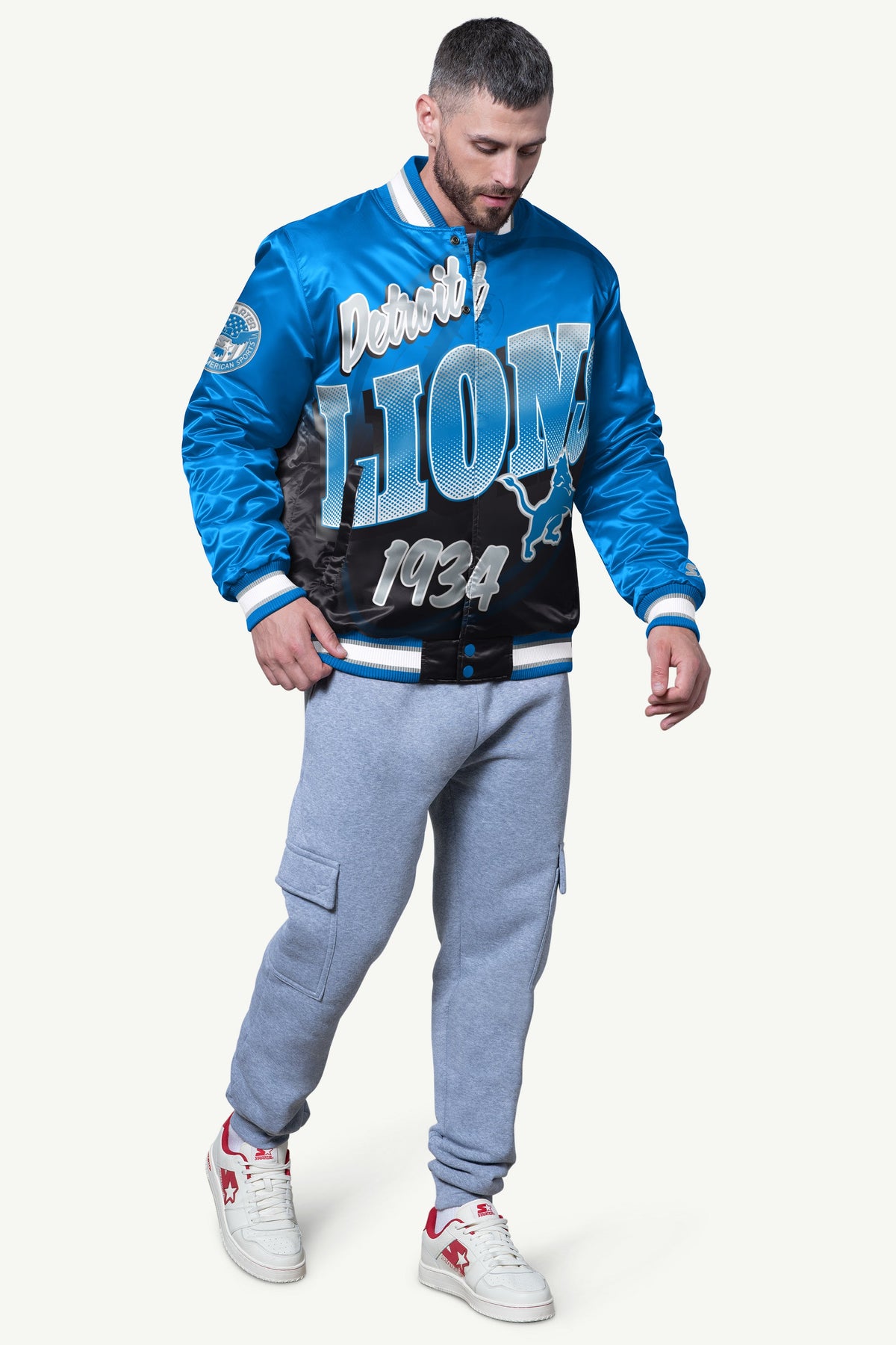 Starter MENS DETROIT LIONS PASS RUSH SATIN VARSITY JACKET