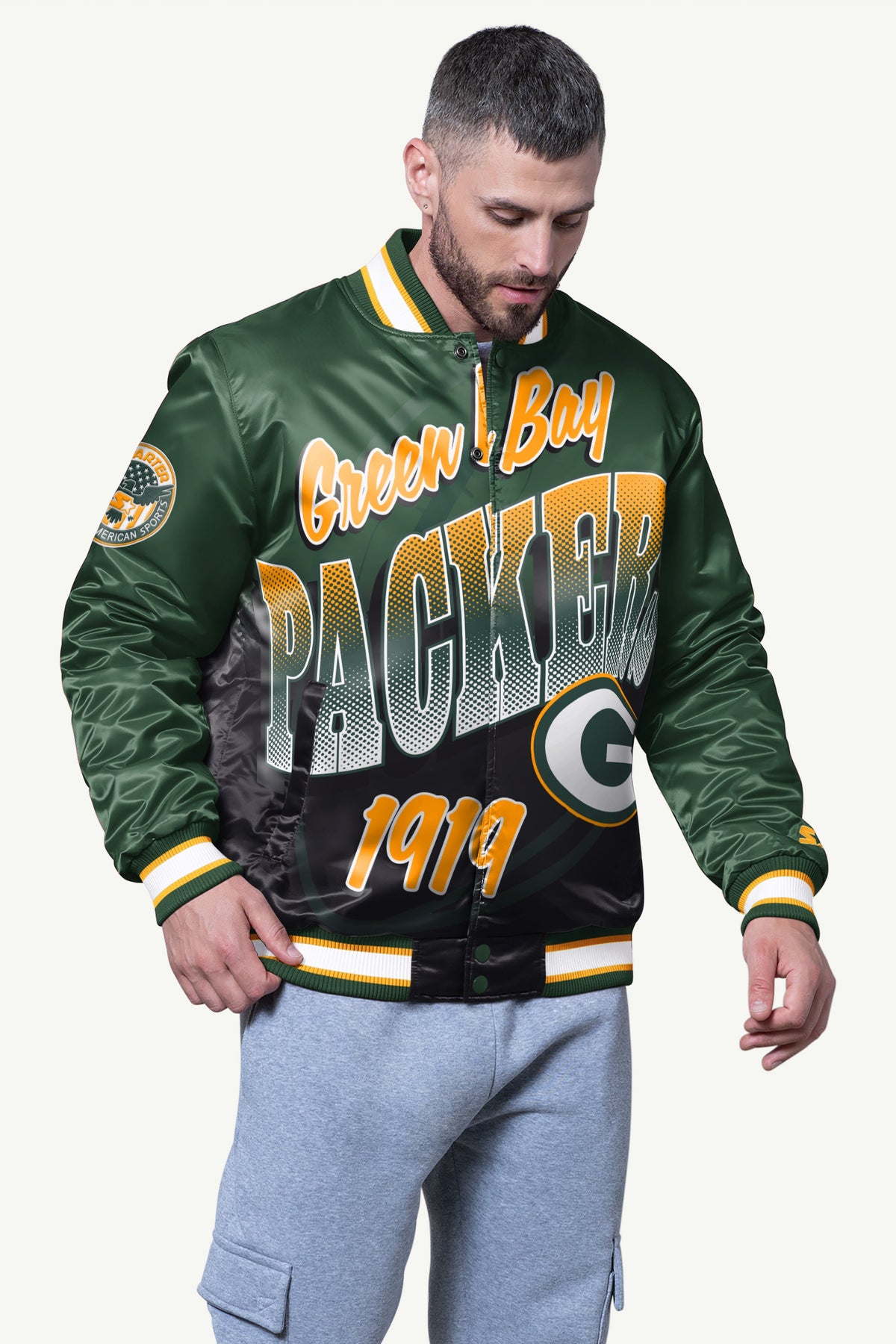 Starter MENS GREEN BAY PACKERS PASS RUSH SATIN VARSITY JACKET
