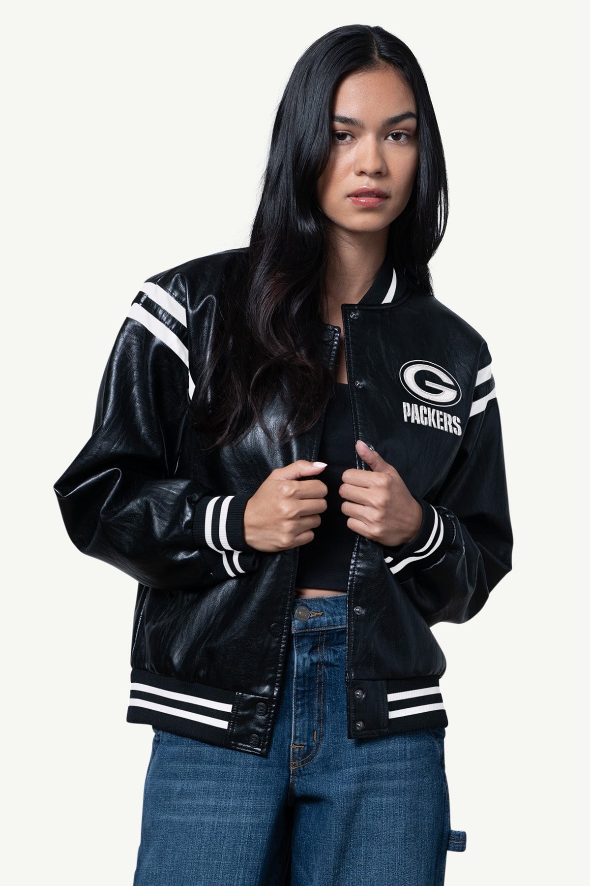 Starter WOMENS GREEN BAY PACKERS FAUX LEATHER VARSITY JACKET