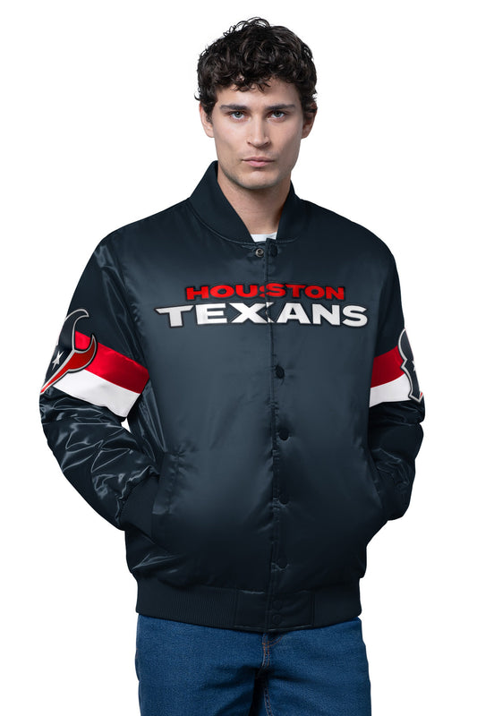 Starter MENS HOUSTON TEXANS TRIPLE OPTION SATIN VARSITY JACKET
