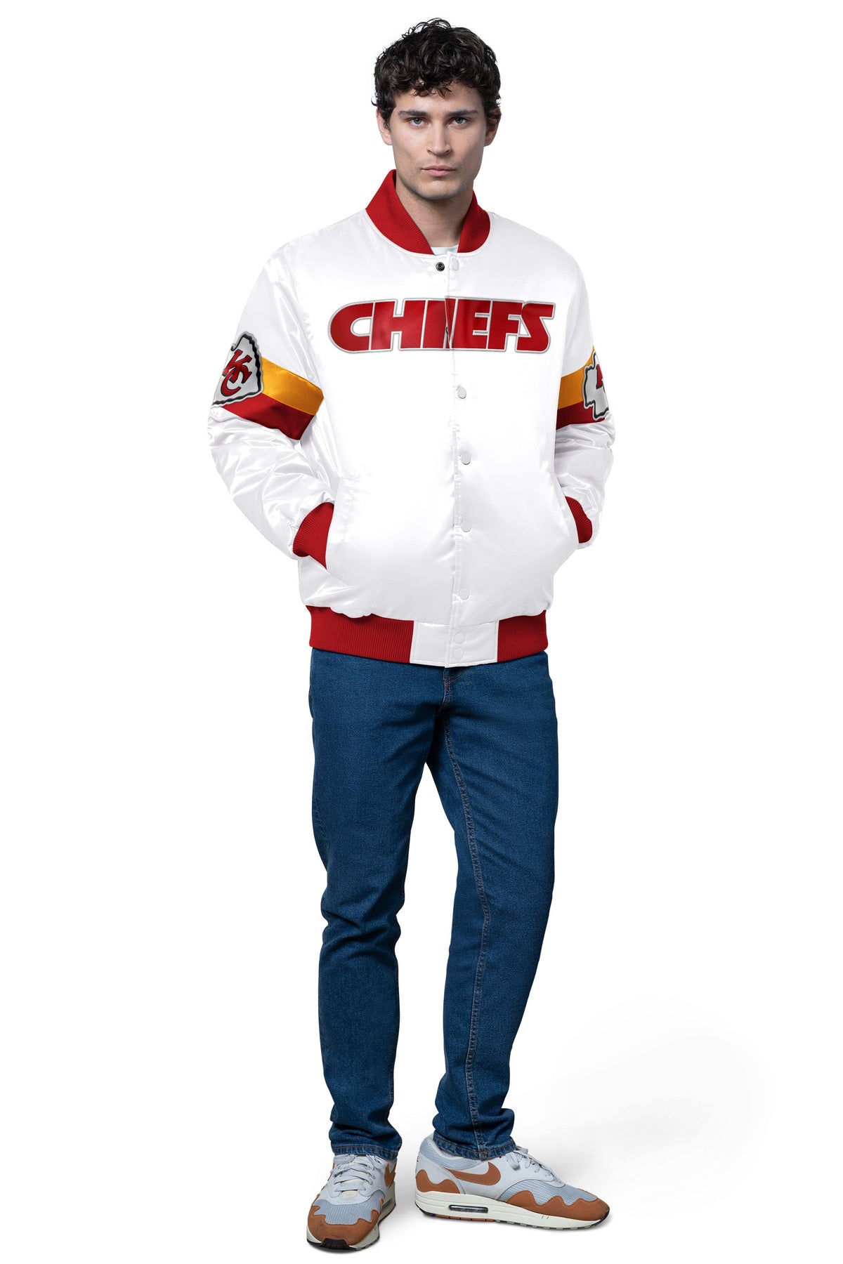 Starter MENS KANSAS CITY CHIEFS TRIPLE OPTION SATIN VARSITY JACKET