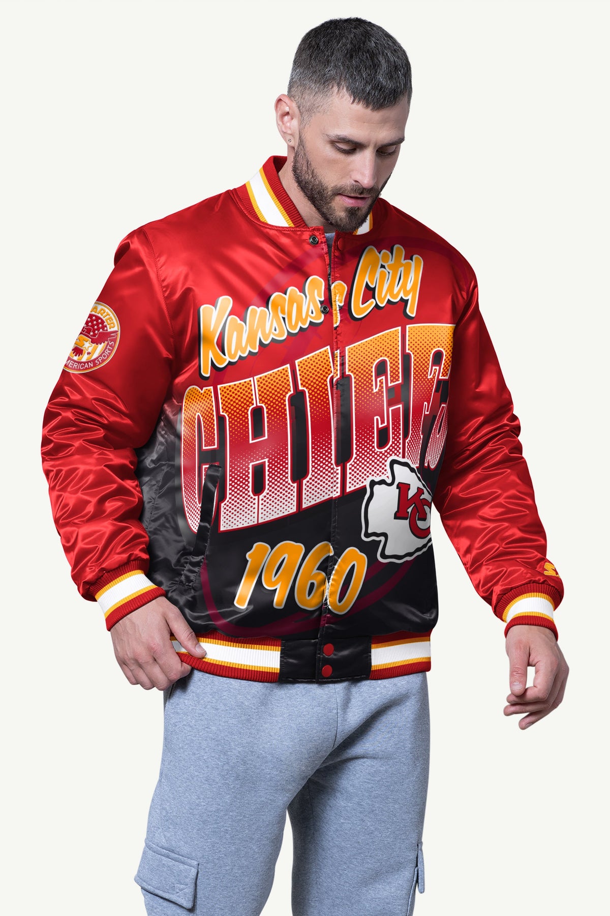 Starter MENS KANSAS CITY CHIEFS PASS RUSH SATIN VARSITY JACKET