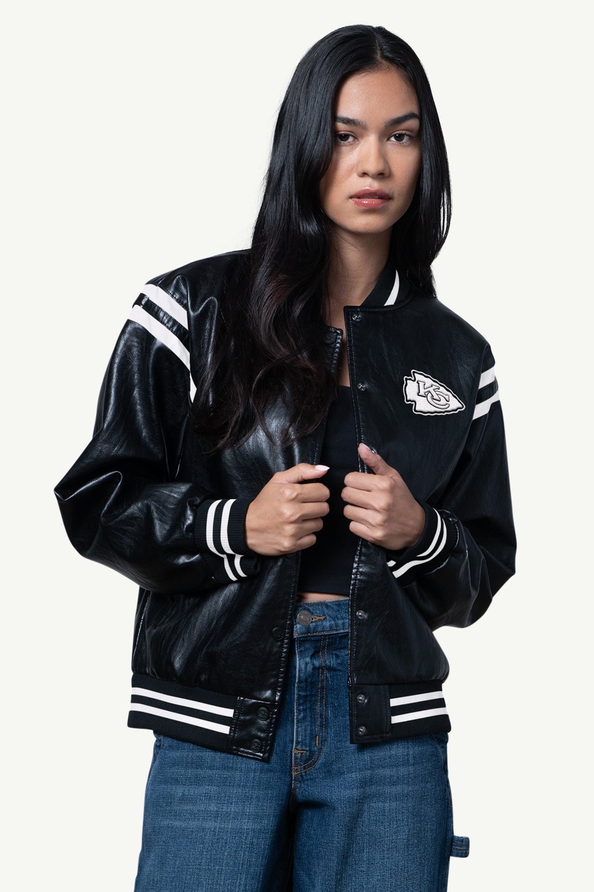 Starter WOMENS KANSAS CITY CHIEFS FAUX LEATHER VARSITY JACKET