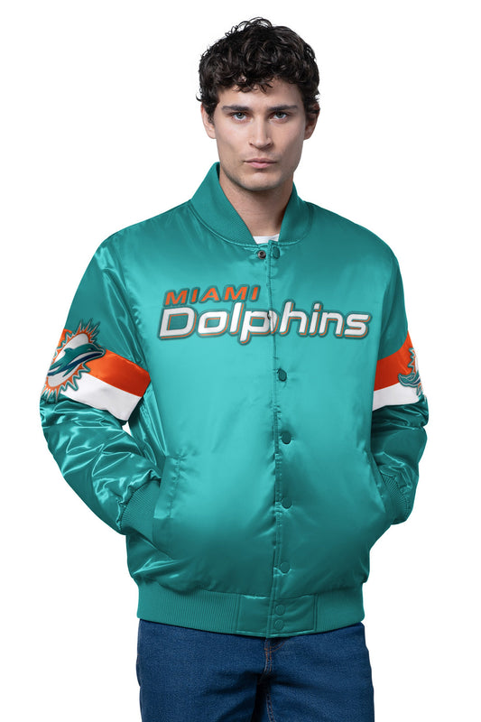 Starter MENS MIAMI DOLPHINS TRIPLE OPTION SATIN VARSITY JACKET