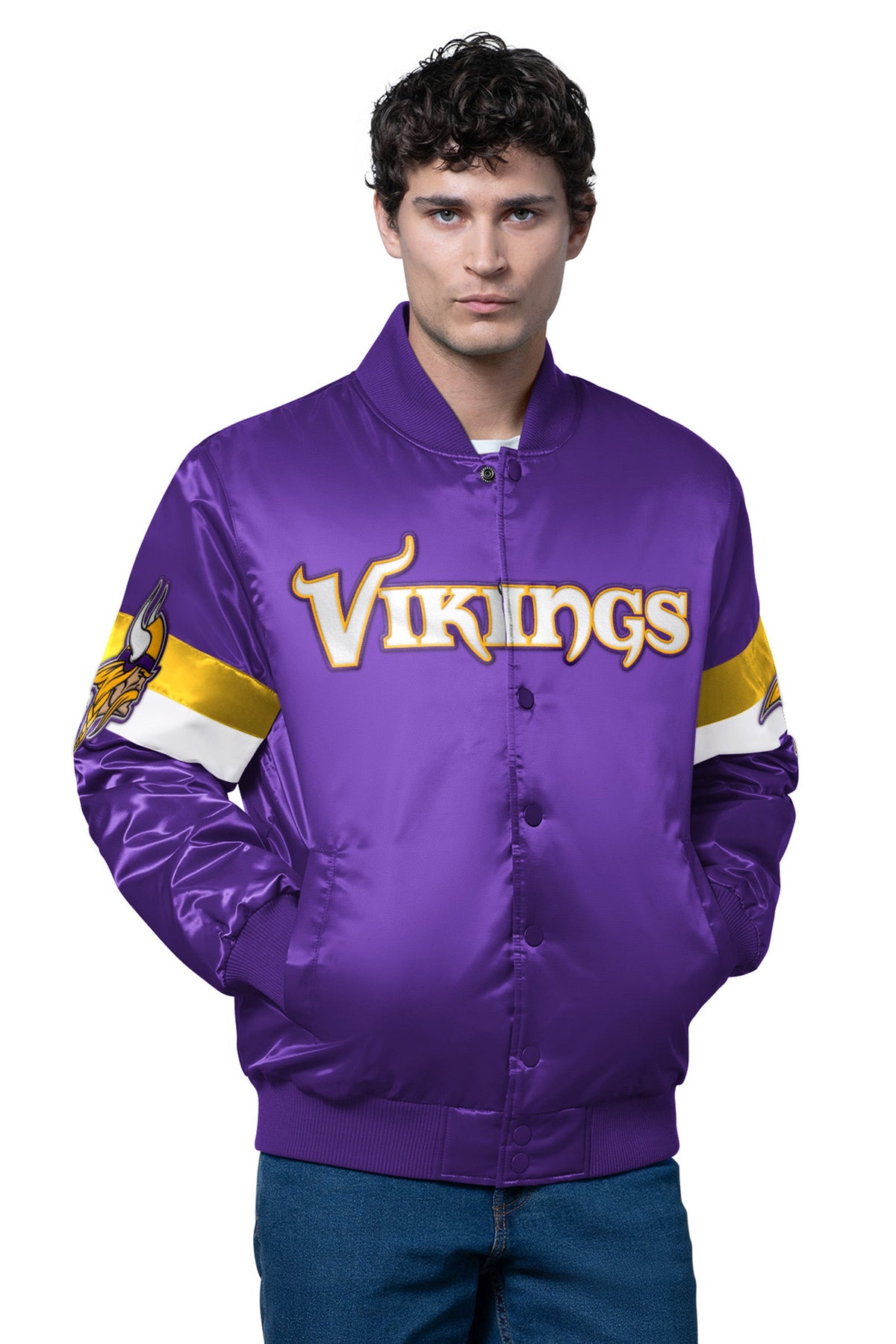 Starter MENS MINNESOTA VIKINGS TRIPLE OPTION SATIN VARSITY JACKET