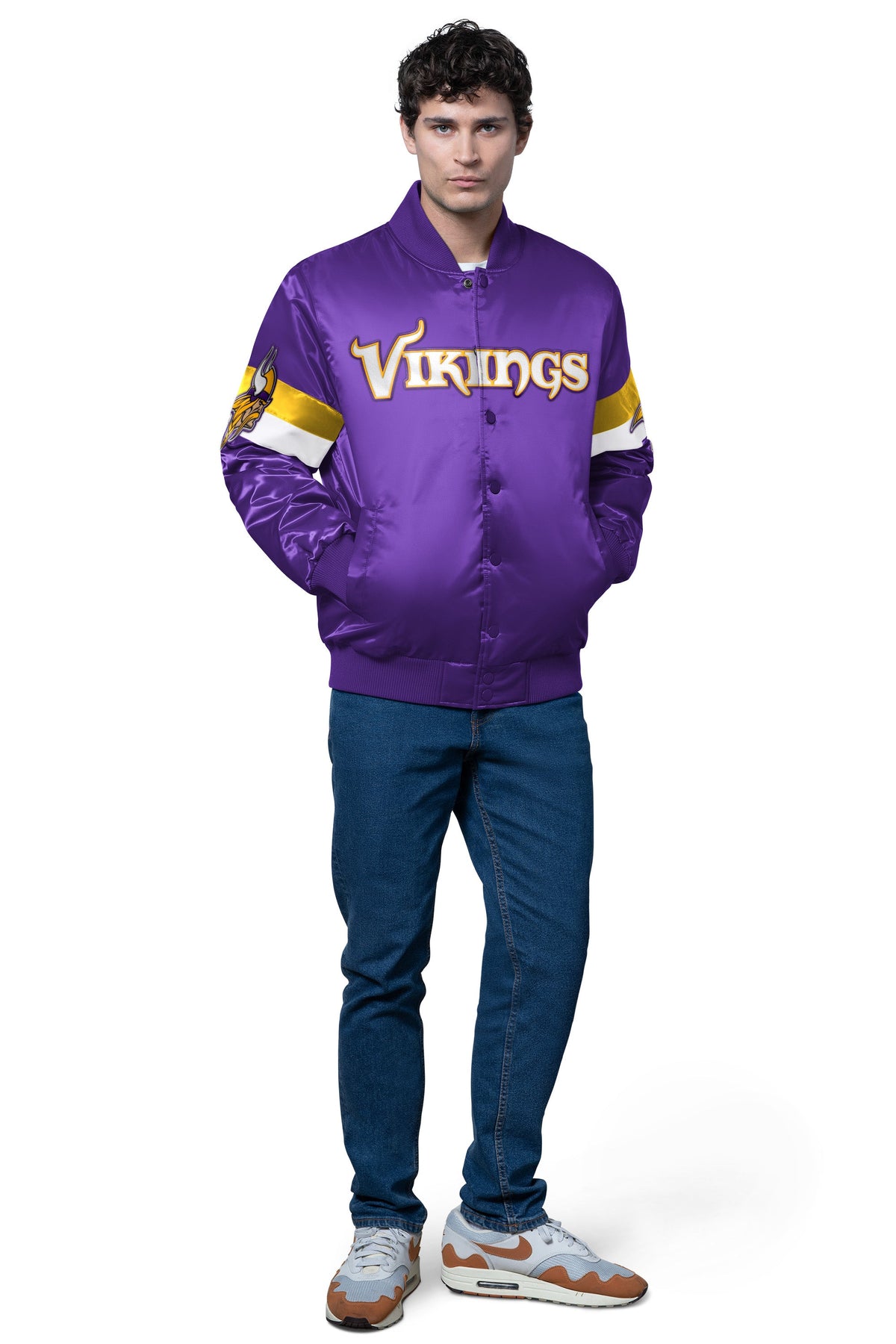 Starter MENS MINNESOTA VIKINGS TRIPLE OPTION SATIN VARSITY JACKET