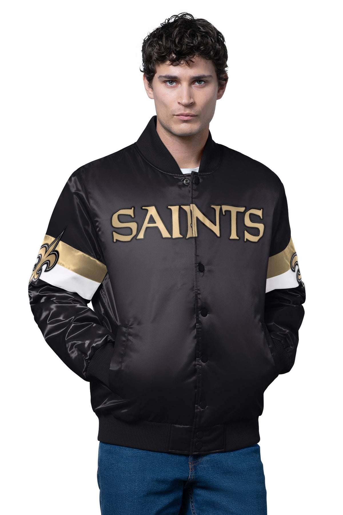Starter MENS NEW ORLEANS SAINTS TRIPLE OPTION SATIN VARSITY JACKET