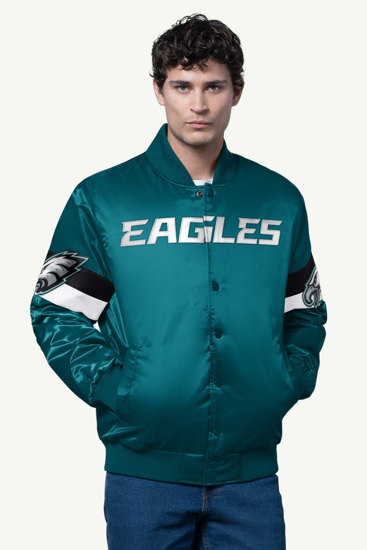 Starter MENS PHILADELPHIA EAGLES TRIPLE OPTION SATIN VARSITY JACKET