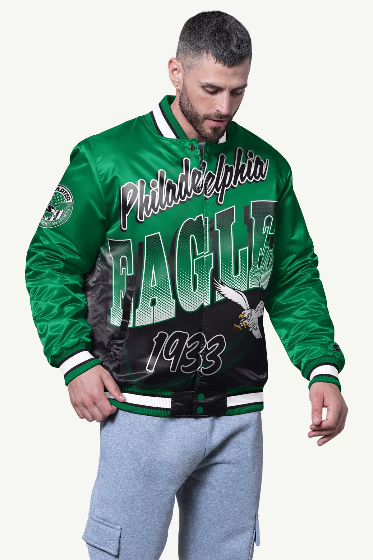 Starter MENS PHILADELPHIA EAGLES PASS RUSH SATIN VARSITY JACKET
