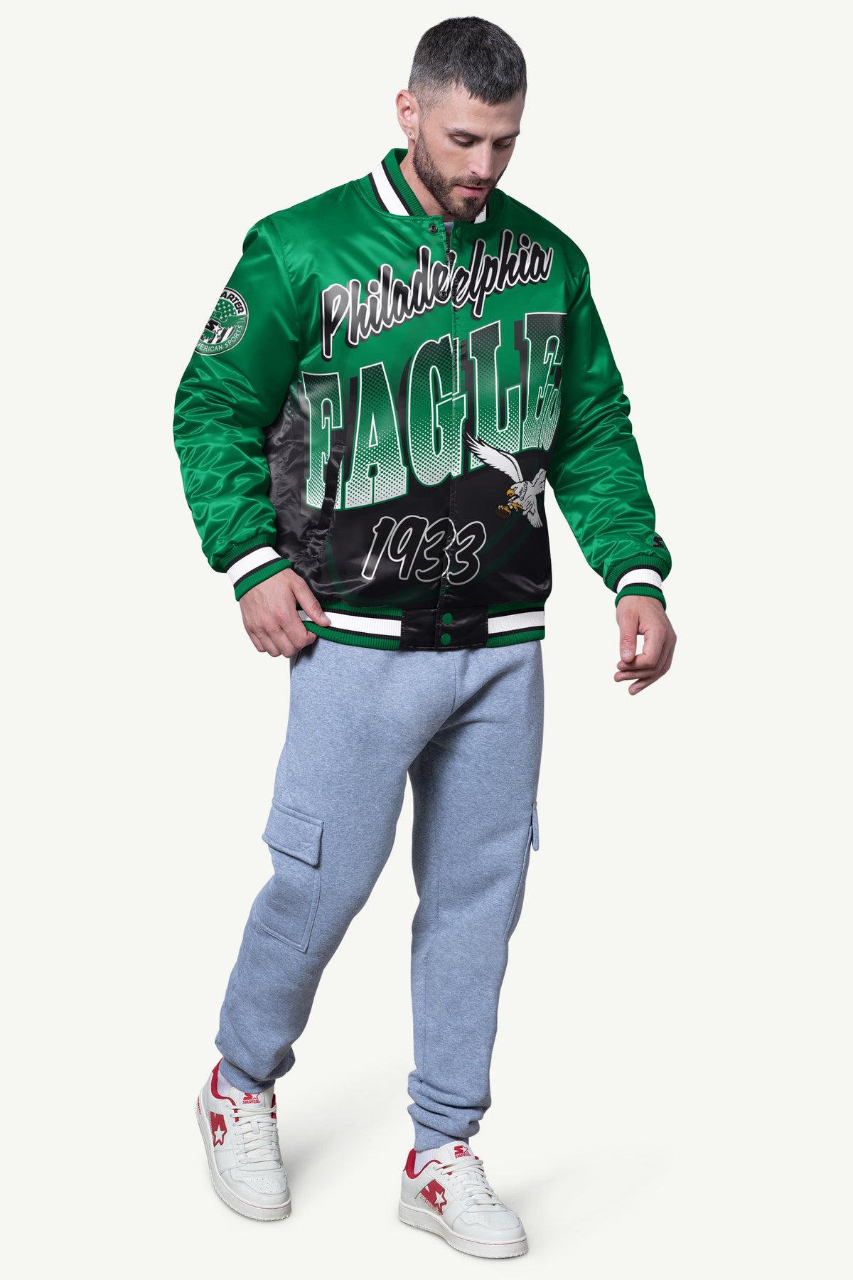 Starter MENS PHILADELPHIA EAGLES PASS RUSH SATIN VARSITY JACKET