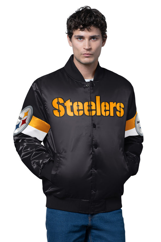 Starter MENS PITTSBURGH STEELERS TRIPLE OPTION SATIN VARSITY JACKET