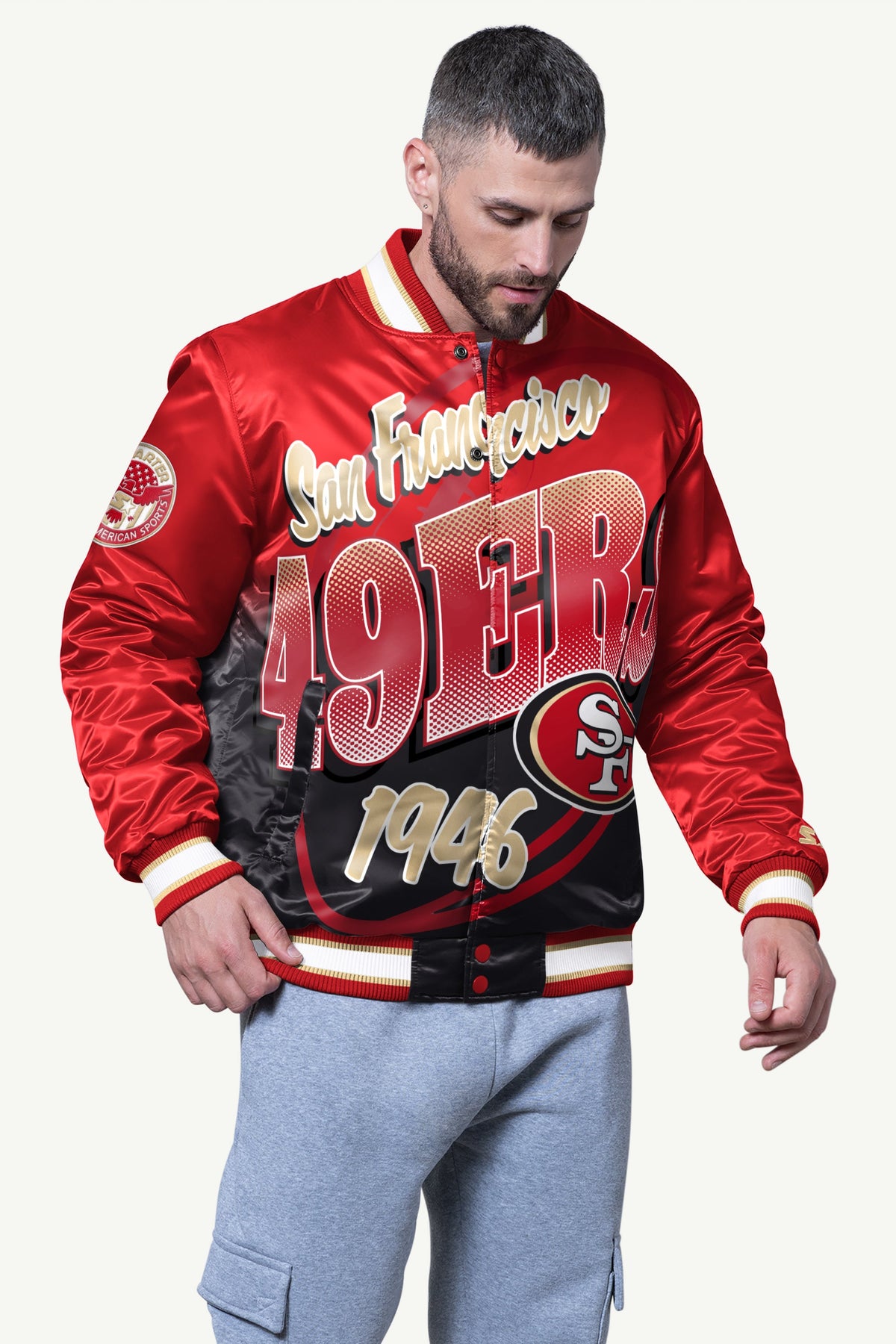 Starter MENS SAN FRANCISCO 49ERS PASS RUSH SATIN VARSITY JACKET