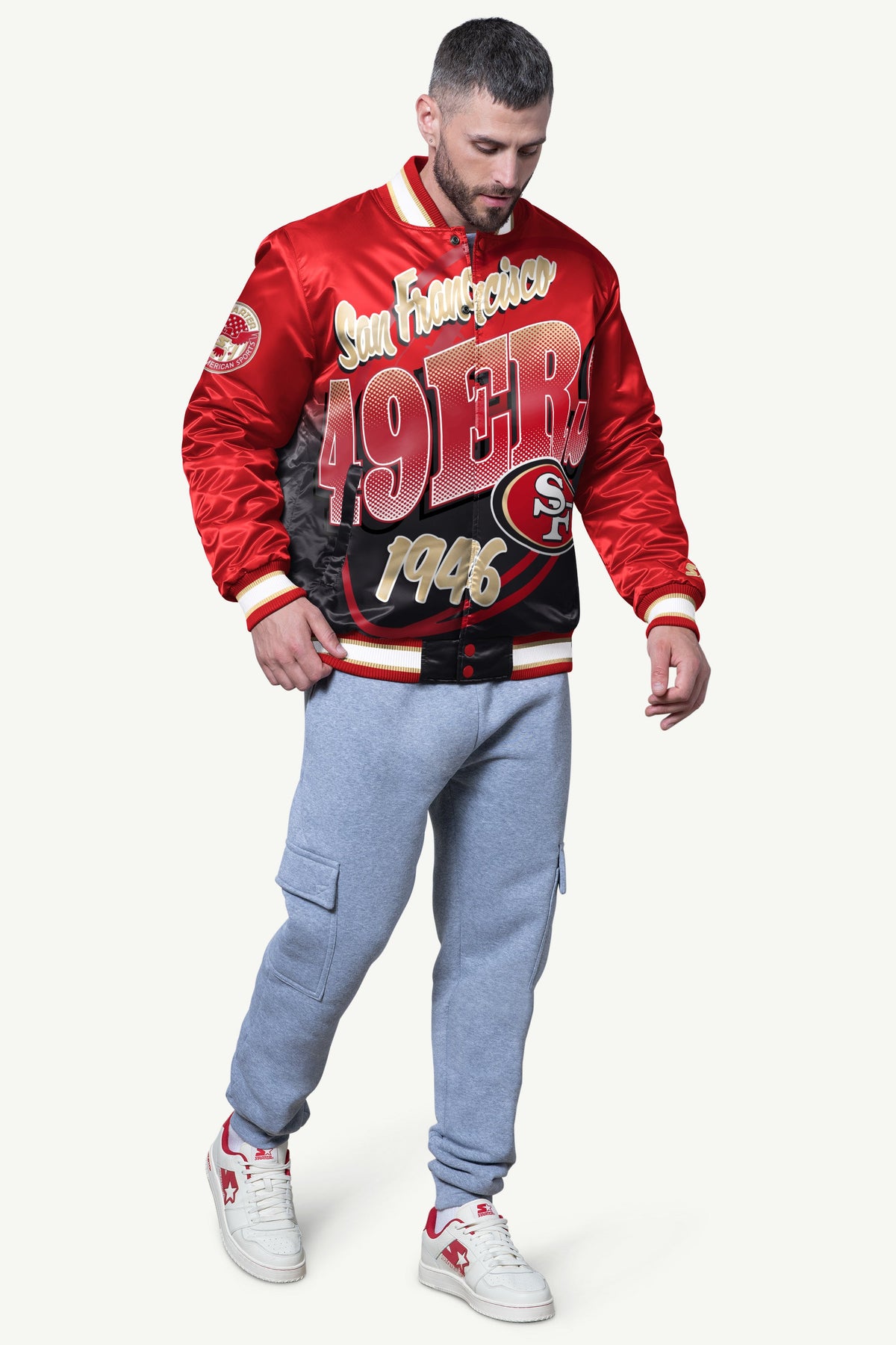 Starter MENS SAN FRANCISCO 49ERS PASS RUSH SATIN VARSITY JACKET