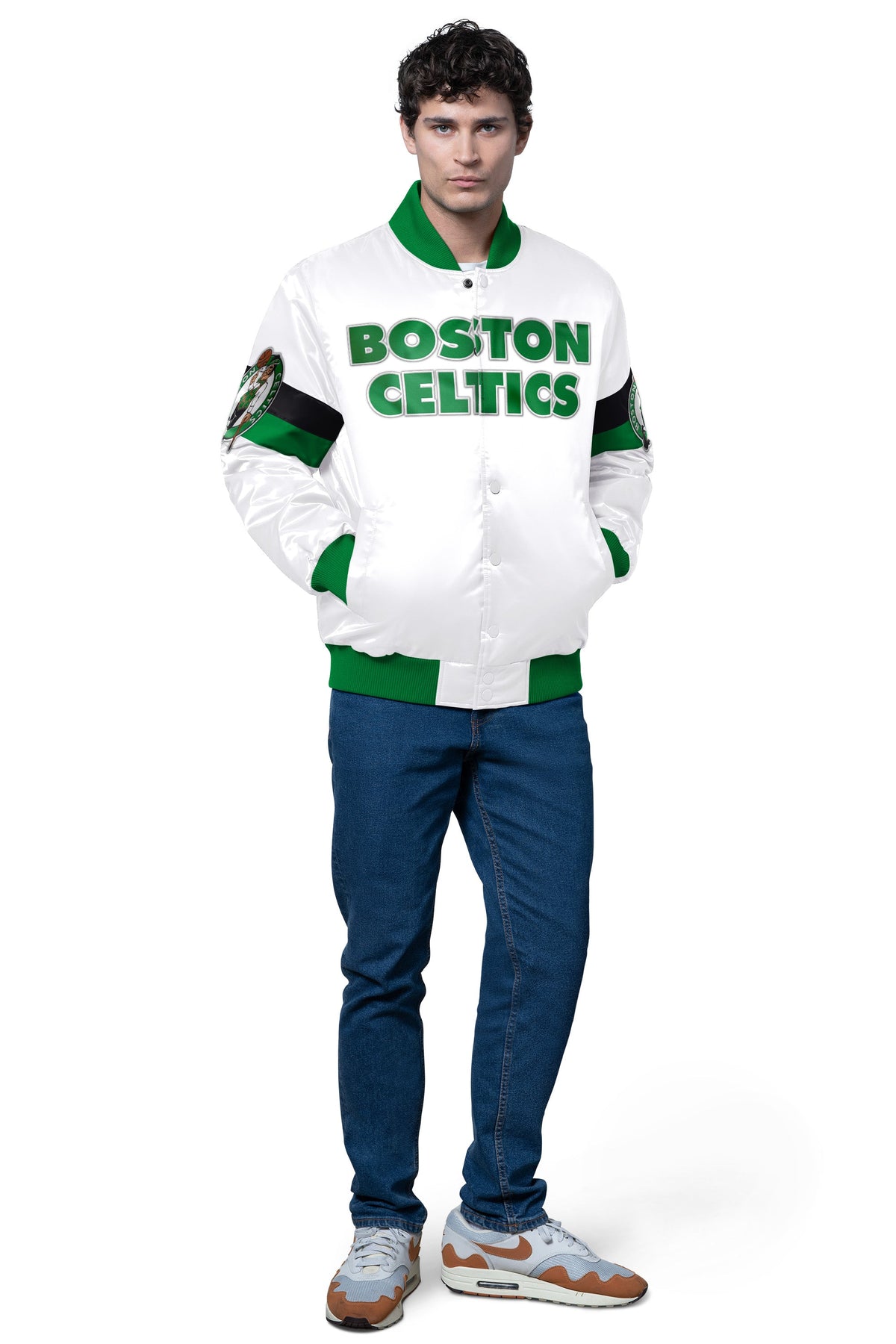 Starter MENS BOSTON CELTICS TRIPLE OPTION SATIN VARSITY JACKET