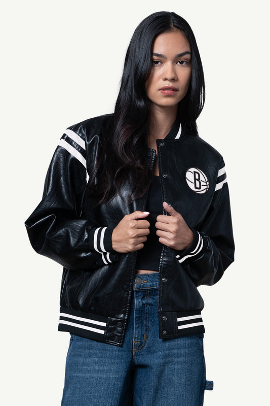 Starter WOMENS BROOKLYN NETS FAUX LEATHER VARSITY JACKET