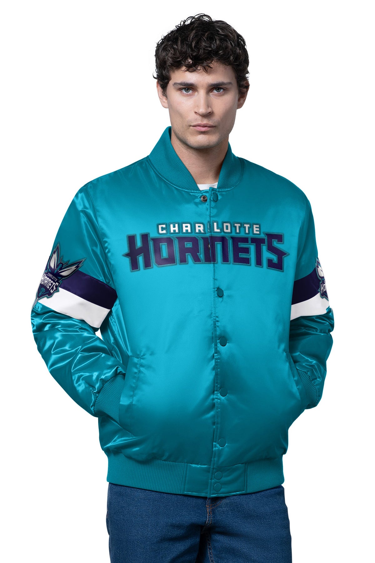 Starter MENS CHARLOTTE HORNETS TRIPLE OPTION SATIN VARSITY JACKET