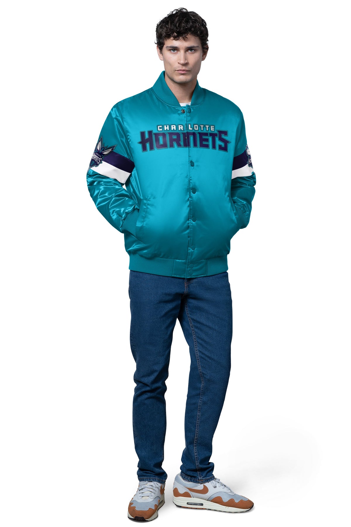 Starter MENS CHARLOTTE HORNETS TRIPLE OPTION SATIN VARSITY JACKET