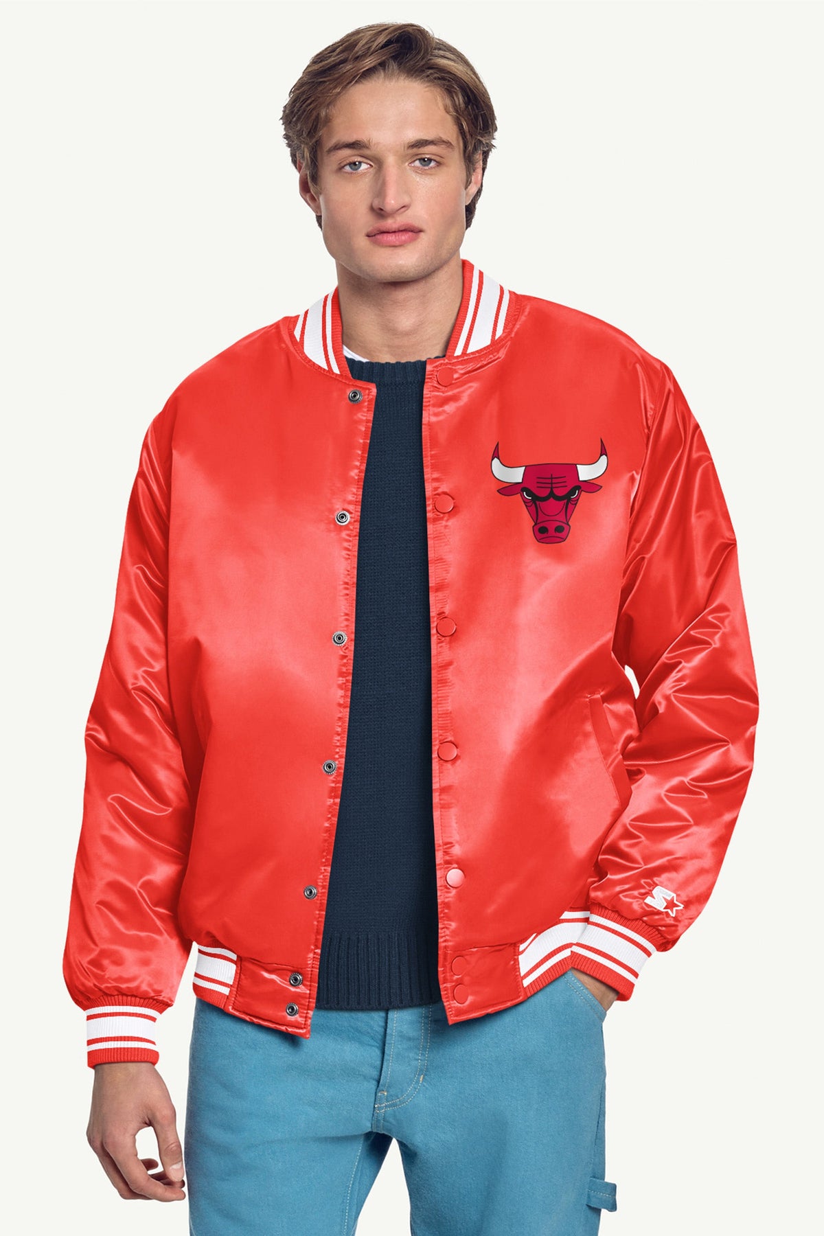 Starter MENS CHICAGO BULLS PRINTED GRAPHIC SATIN VARSITY JACKET