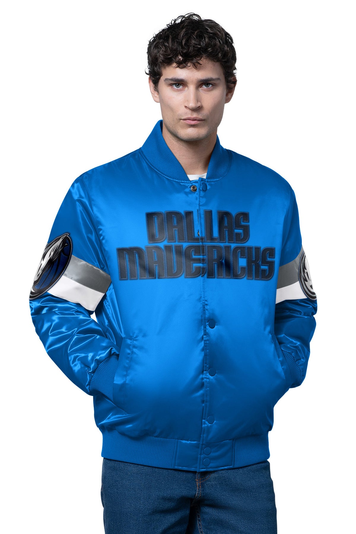 Starter MENS DALLAS MAVERICKS TRIPLE OPTION SATIN VARSITY JACKET