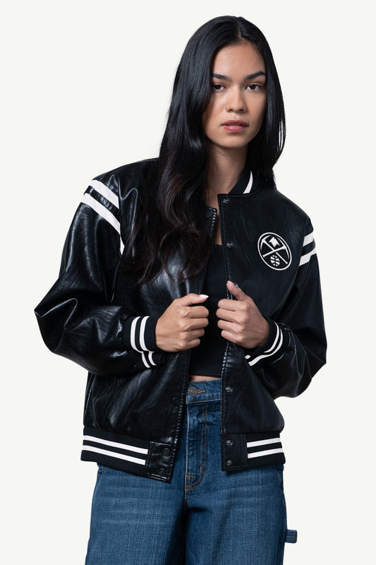 Starter WOMENS DENVER NUGGETS FAUX LEATHER VARSITY JACKET