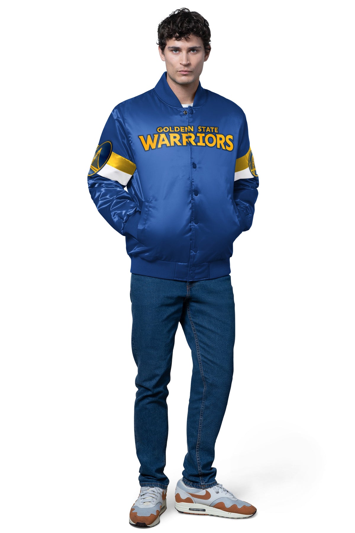 Starter MENS GOLDEN STATE WARRIORS TRIPLE OPTION SATIN VARSITY JACKET