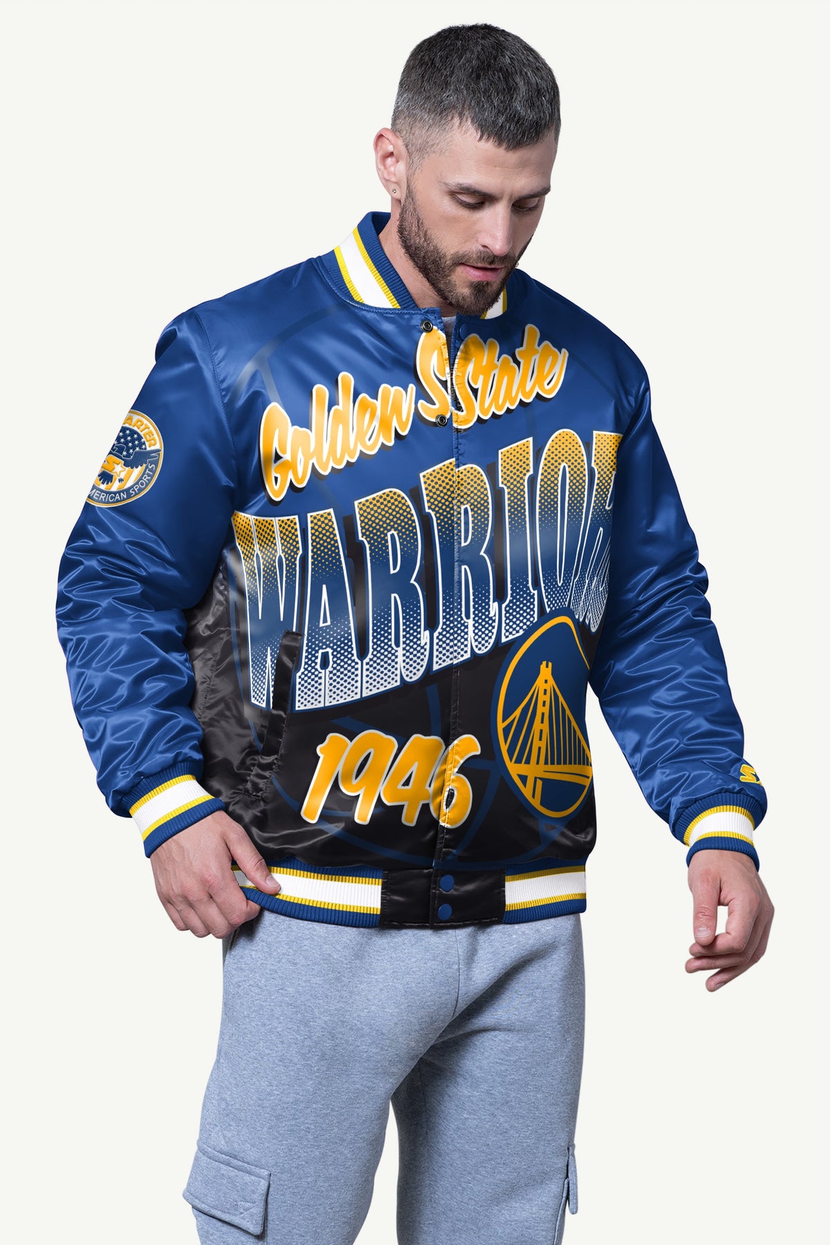 Starter MENS GOLDEN STATE WARRIORS PASS RUSH SATIN VARSITY JACKET