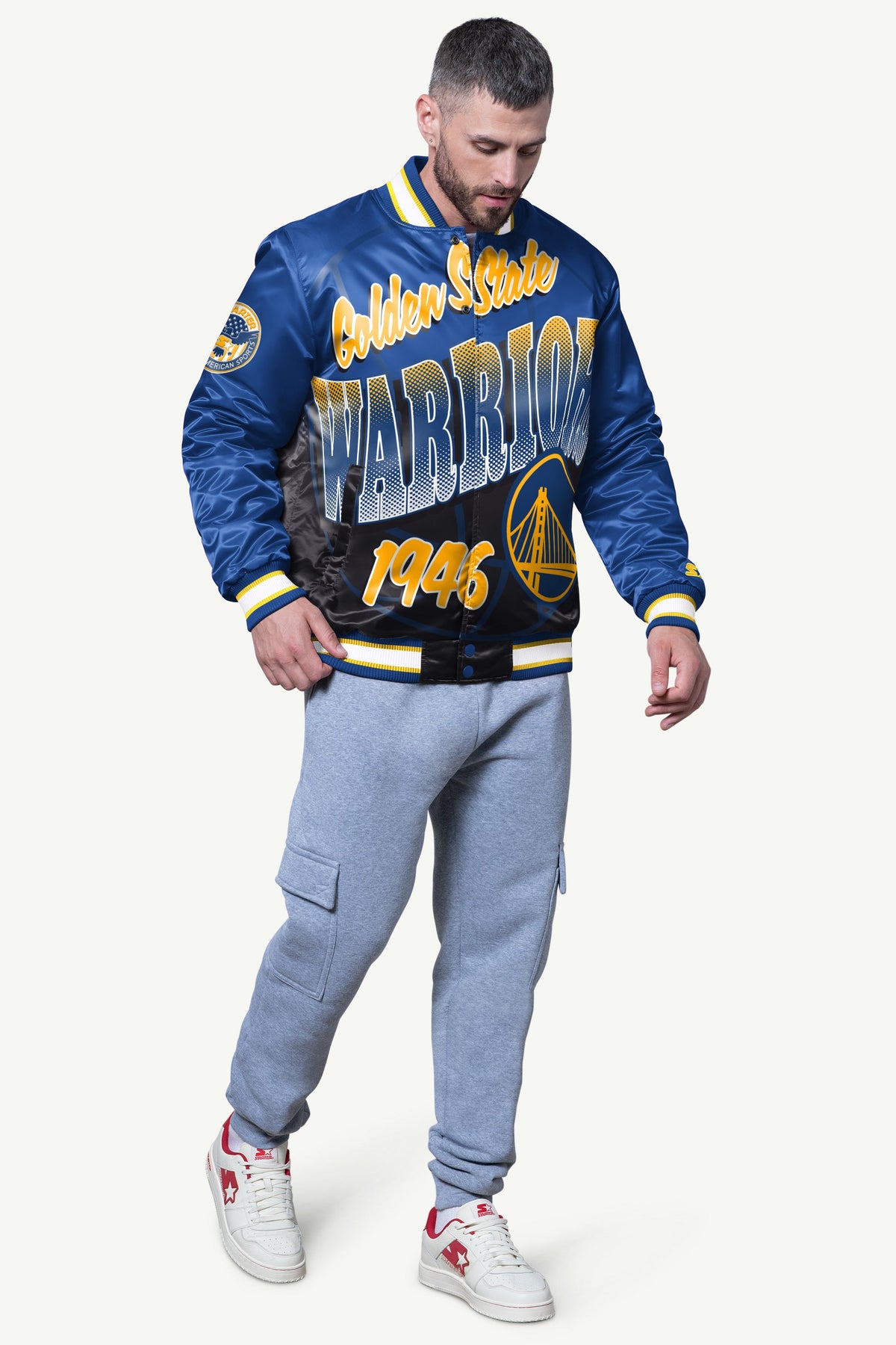 Starter MENS GOLDEN STATE WARRIORS PASS RUSH SATIN VARSITY JACKET