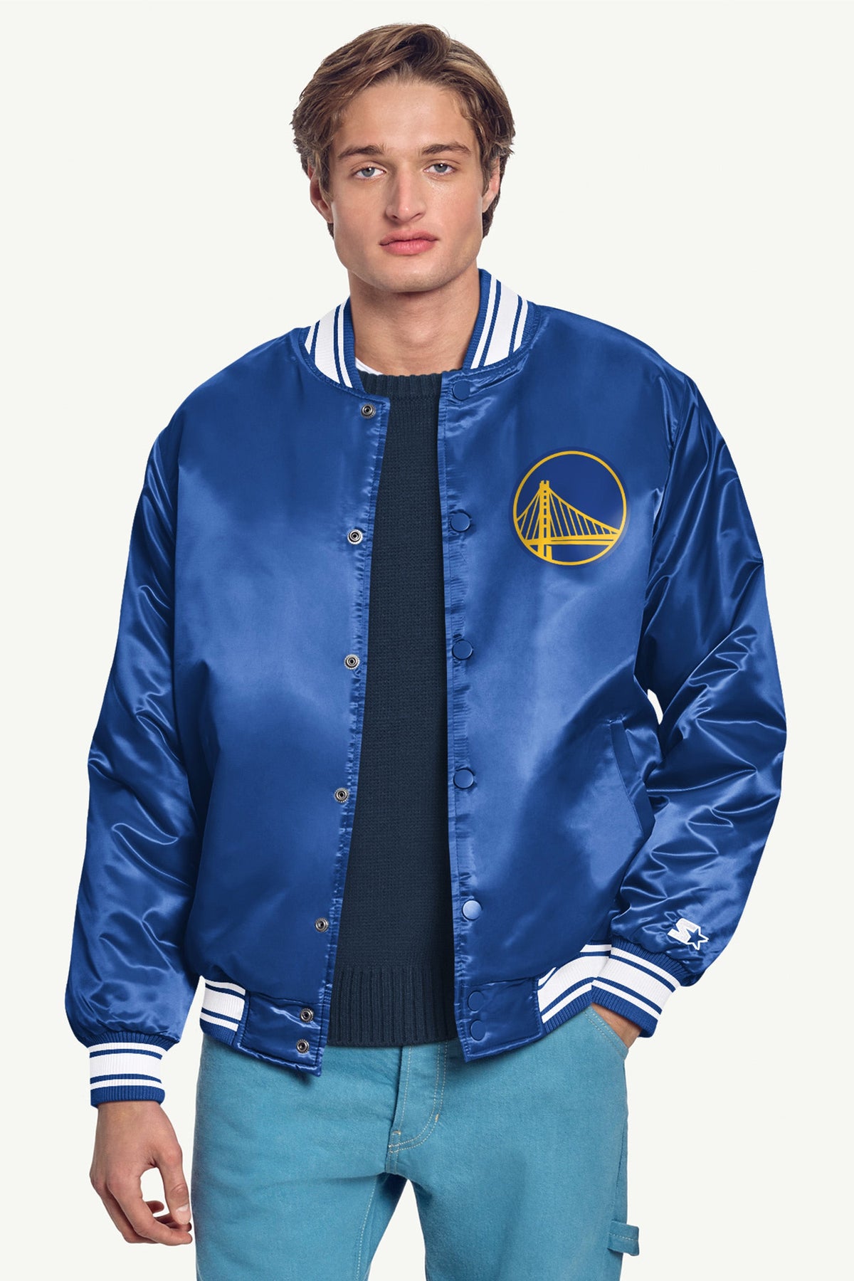 Starter MENS GOLDEN STATE WARRIORS PRINTED GRAPHIC SATIN VARSITY JACKET